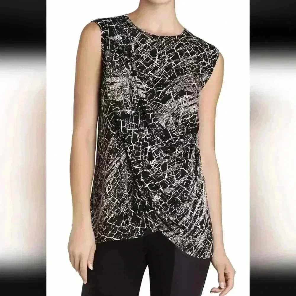 BCBG MAXAZRIA BLACK COMB RUMOR SLEEVELESS CRISSCROSS TOP Zipper Shoulder Size M